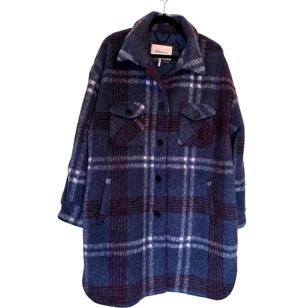 BCBGeneration Plaid Oversized Coat Jacket Burgundy Purple Blue White Plaid XXL - Picture 2 of 12